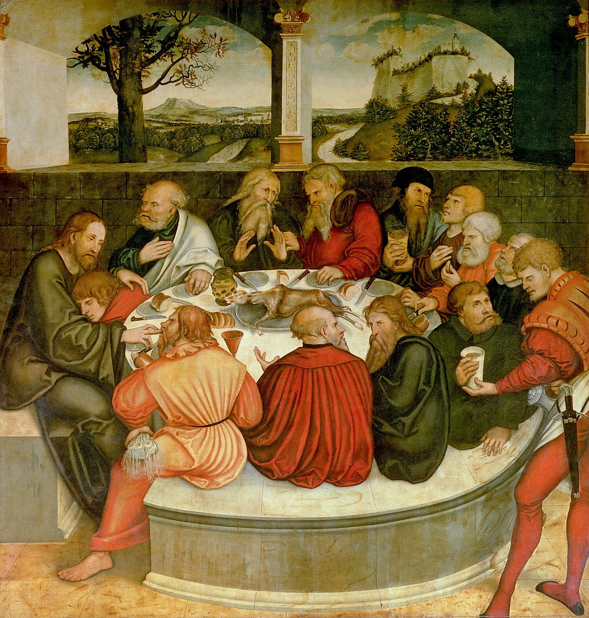 Triptyk, vänster panel, Philipp Melanchthon utför ett dop med hjälp av Martin Luther; mittpanelen, den sista måltiden med Luther bland apostlarna; högra panelen gör Luther sin bekännelse; Luther av Lucas Cranach the Elder