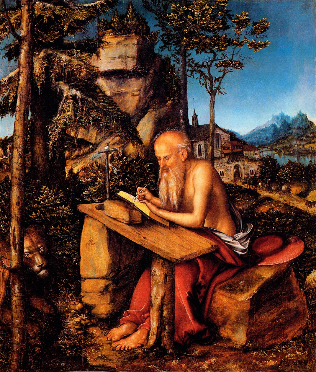 Saint Jerome i vildmarken / Saint Jerome som skriver i ett landskap av Lucas Cranach the Elder