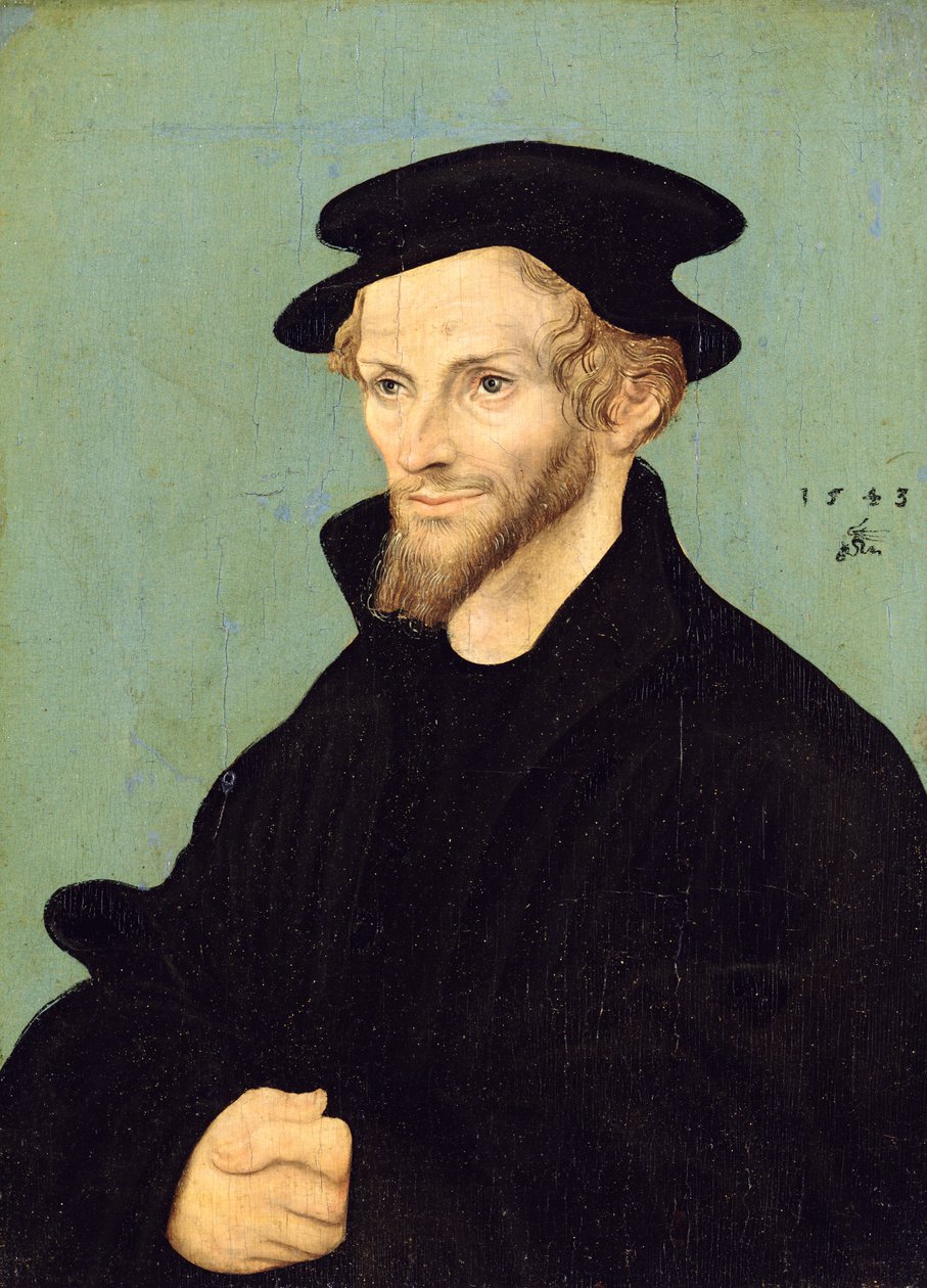 aPortrait of Philipp Melanchthon (1479-1560), 1543 (oil on Canvas) av Lucas studio of Cranach