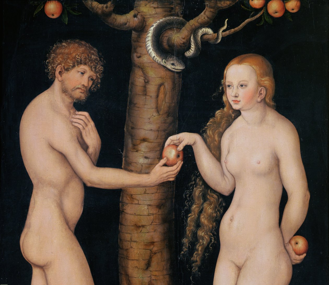 Eva erbjuder äpplet till Adam i Edens lustgård, ca 1520-25 olja på trä detalj av 407328 av Lucas Cranach the Elder