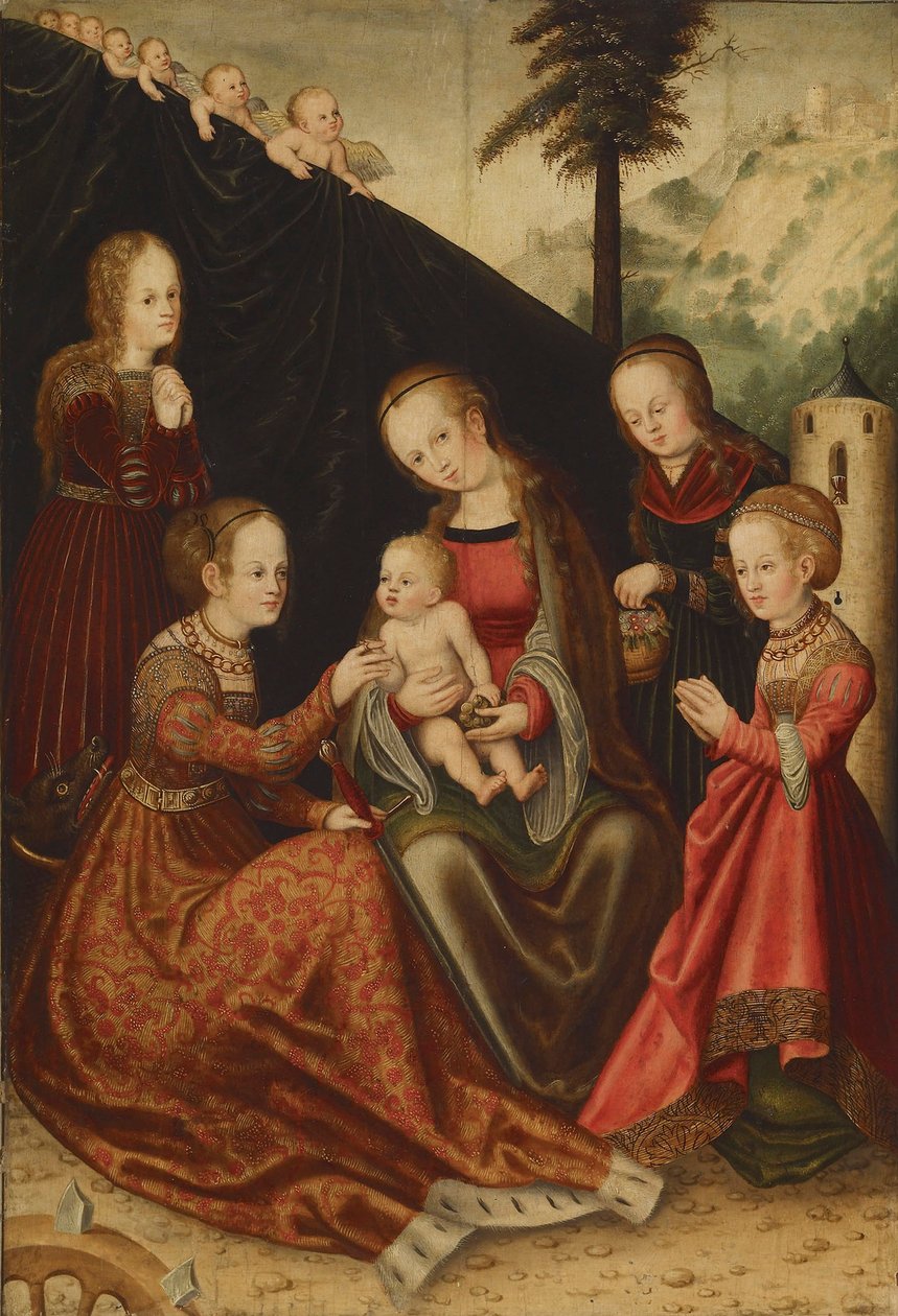 Mystisk bröllop av Saint Catherine, 1500-talet av Lucas Cranach the Elder