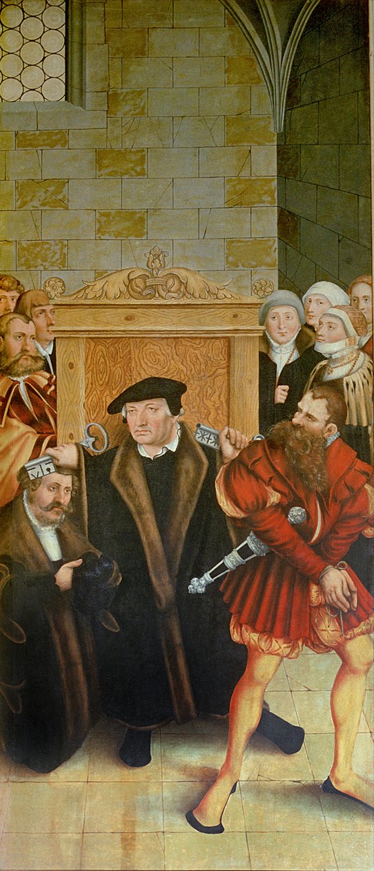 Triptyk, vänster panel, Philipp Melanchthon utför ett dop med hjälp av Martin Luther; mittpanelen, den sista måltiden med Luther bland apostlarna; högra panelen, Luther gör sin bekännelse; Luther av Lucas Cranach the Elder