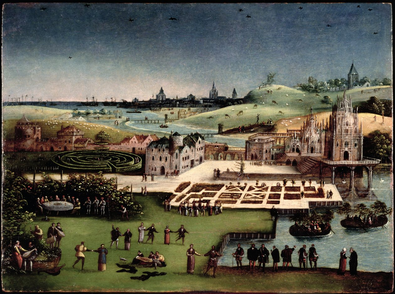Panoramiskt landskap med en trädgård av kärlek av Lucas van Gassel