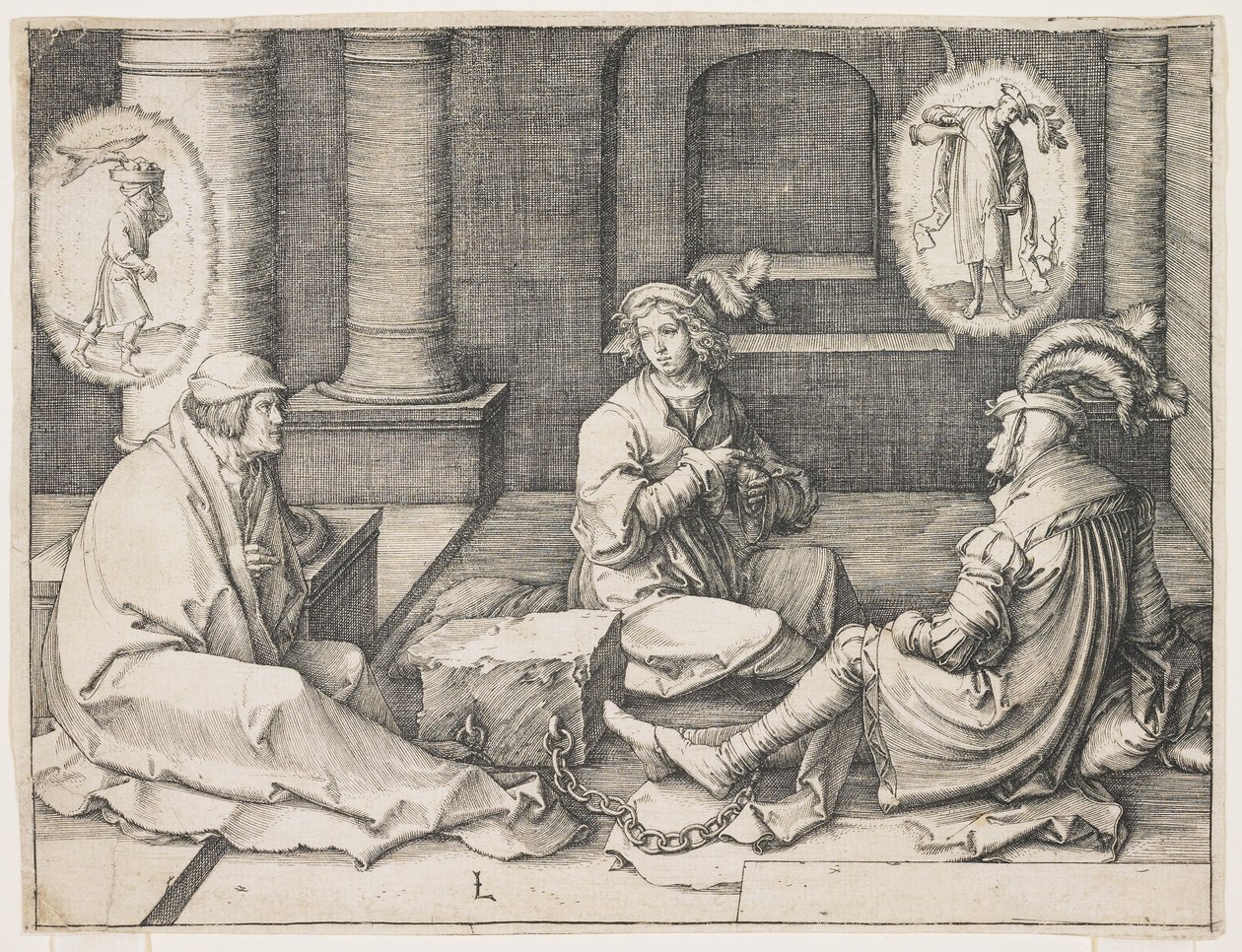 Josef tolkar drömmarna i fängelset, 1512 av Lucas van Leyden