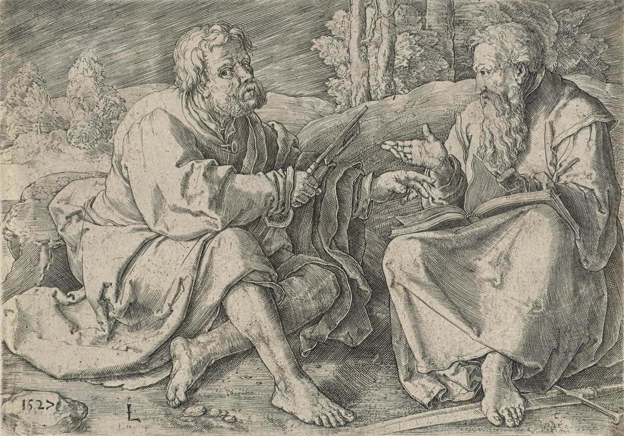 St. Peter och St. Paul i ett landskap, ca 1527 (gravyr på lagt papper) av Lucas van Leyden