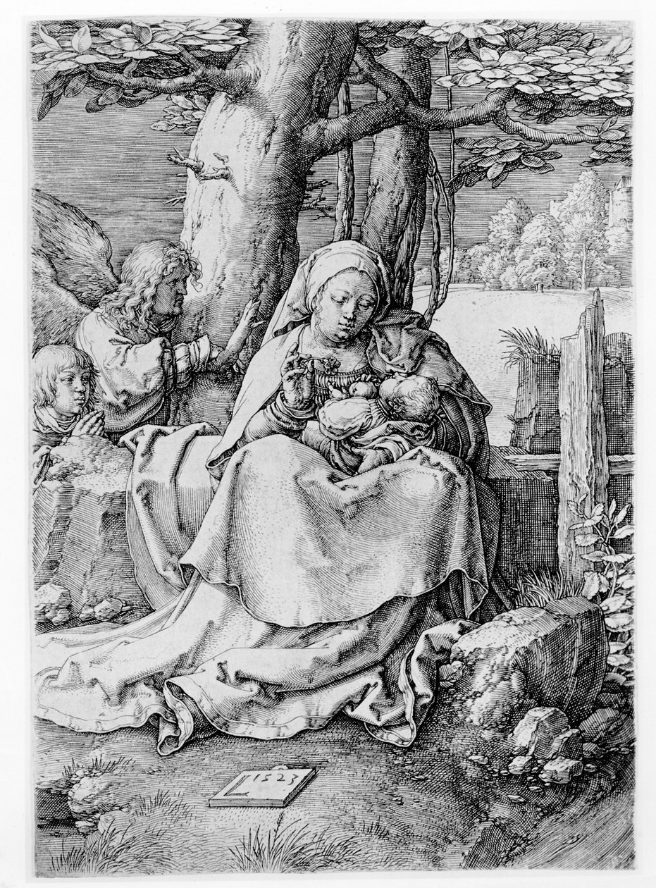Jungfrun och barnet i ett landskap, 1523 av Lucas van Leyden