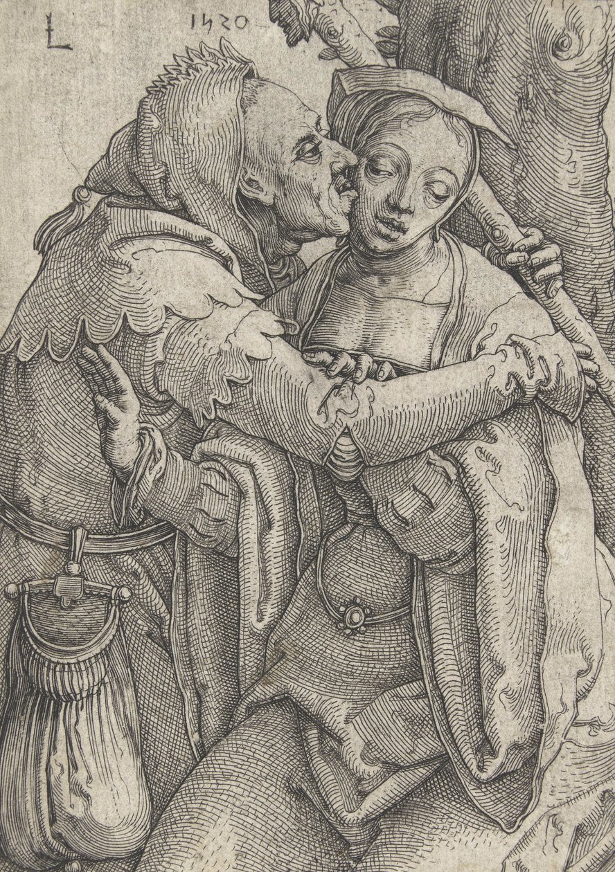 Gycklaren och den unga kvinnan, 1520 av Lucas van Leyden