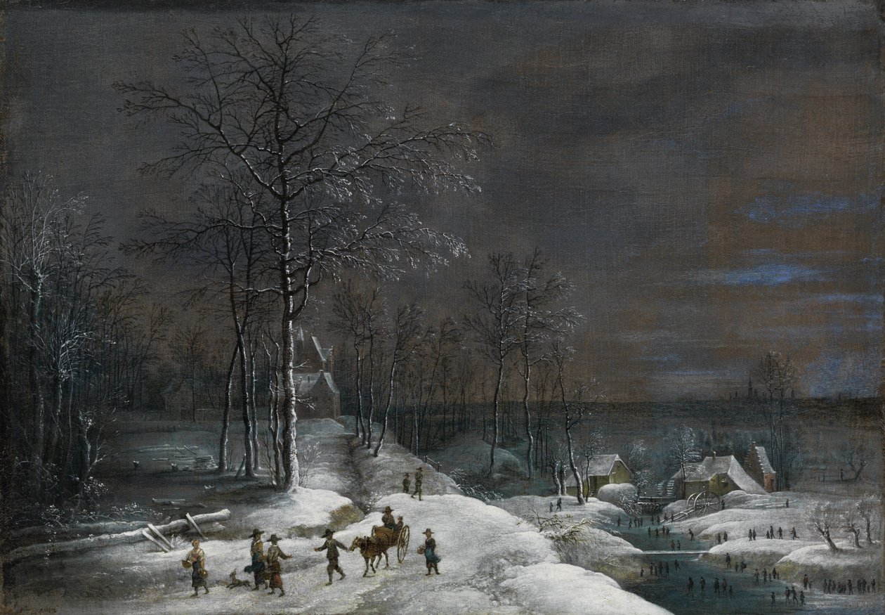 Vinterlandskap med en snötäckt vattenkvarn och figurpersonal av Lucas van Uden