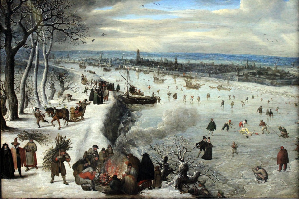 Ansicht von Antwerpen mit zugefrorener Schelde av Lucas van Valckenborch