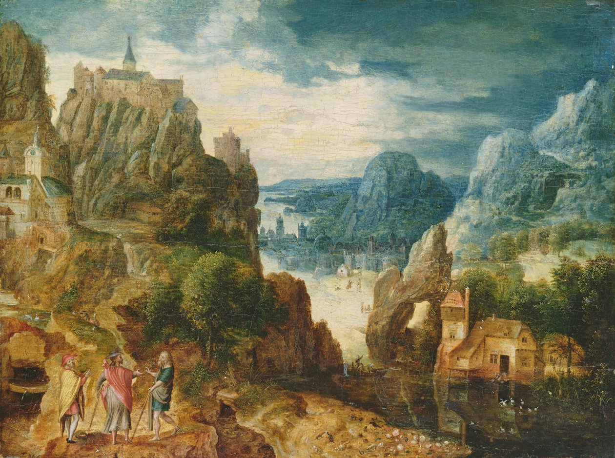 Bergigt landskap med vägen till Emmaus, 1597 av Lucas van Valckenborch