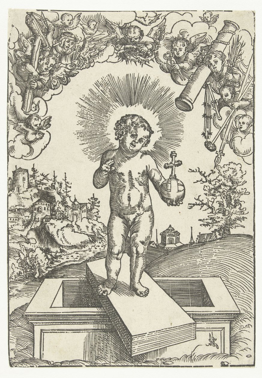 Kristusbarn som återlösare omgiven av änglar med passionens verktyg av Lucas Cranach