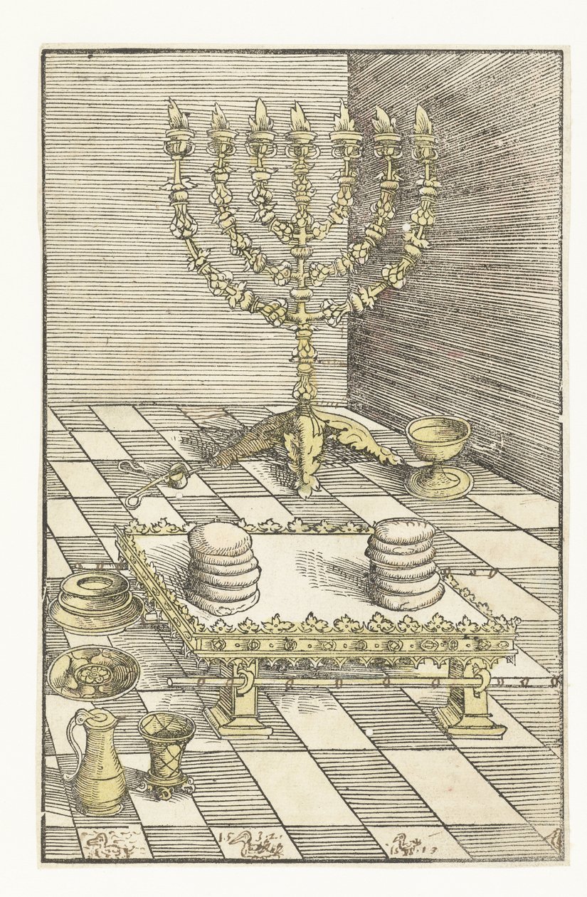 Sjuarmad ljusstake och bord med showbrödet av Lucas Cranach
