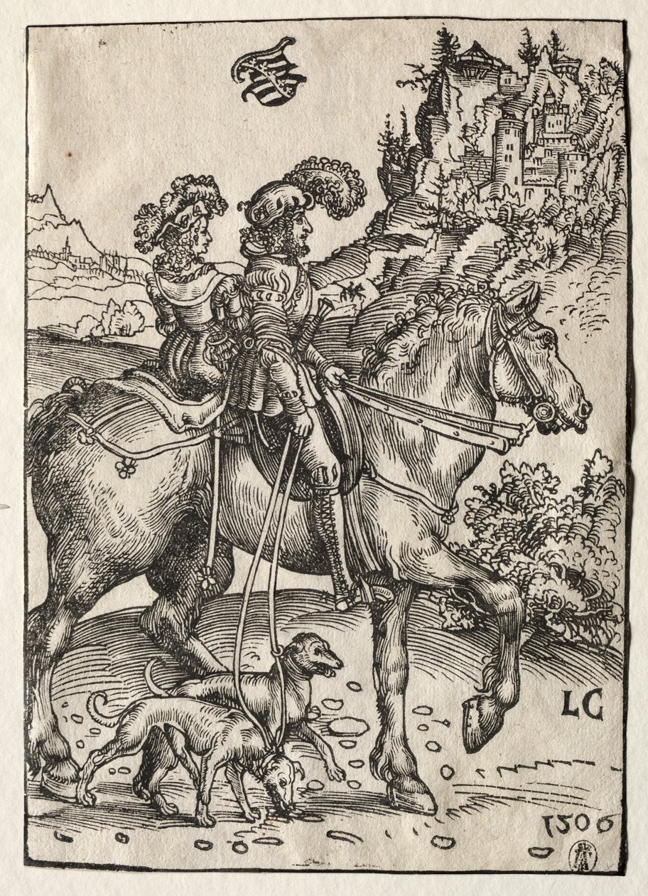 En gentleman och en dam som rider på jakt av Lucas Cranach