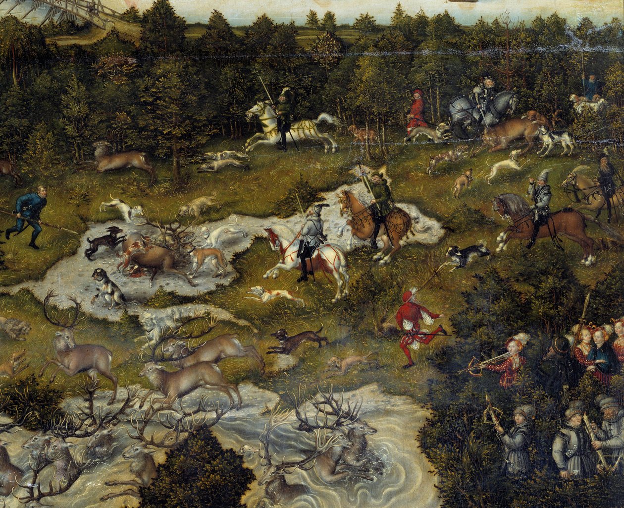 Jakt för att hedra Karl V på Torgau slott i Tyskland Jagar rådjur. Detalj. Målning av Lucas Cranach den äldre av Lucas Cranach