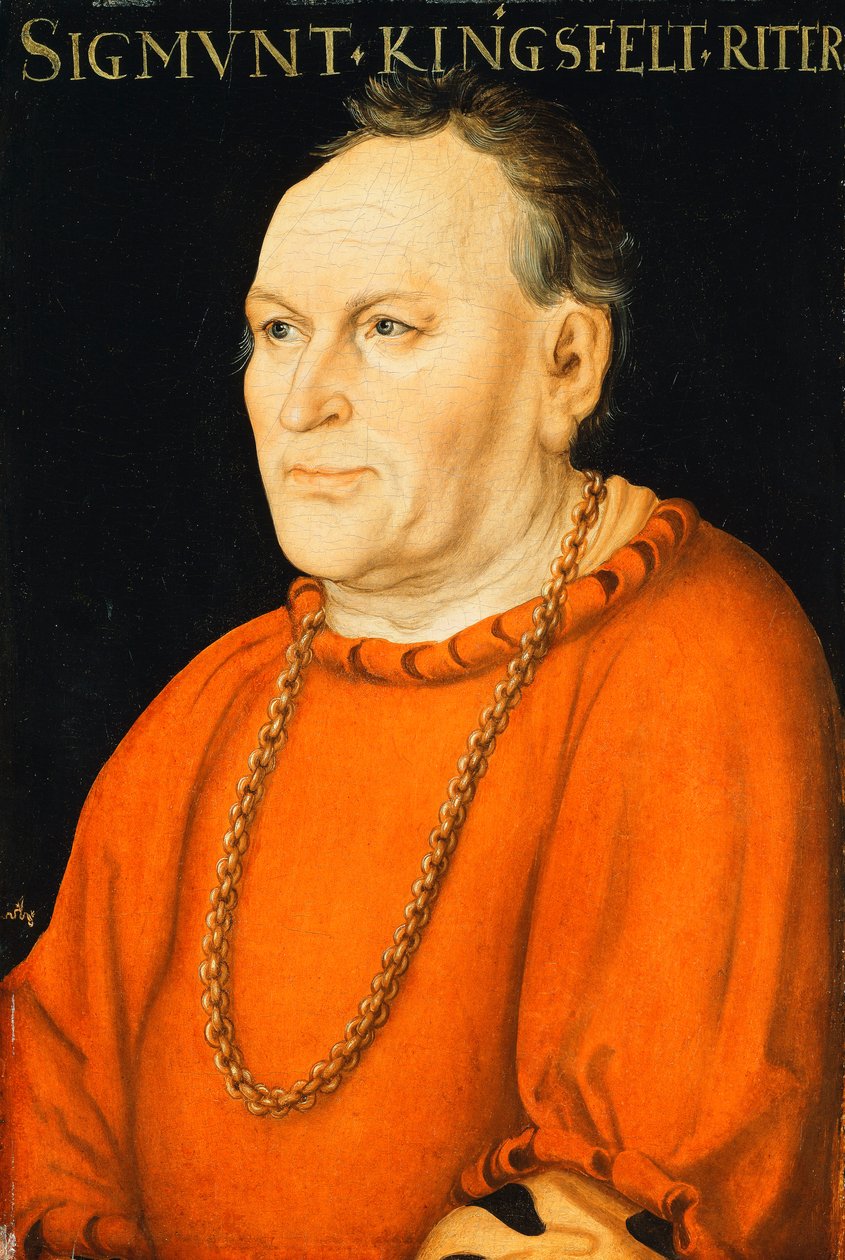 Porträtt av Sigmunt Kingsfelt, halvlångt, iklädd röd kostym, av Lucas Cranach