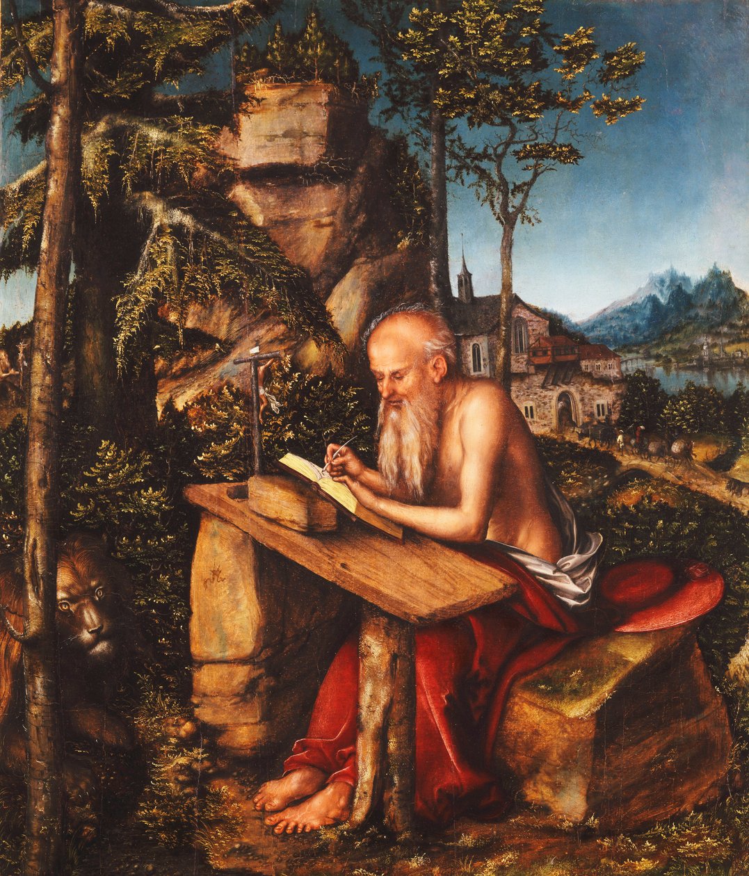 Saint Jerome skriver i ett stenigt landskap, c.1515 av Lucas Cranach