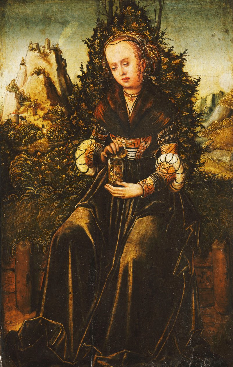 Sankta Maria Magdalena sitter på en gräskant i ett bergigt landskap, av Lucas Cranach