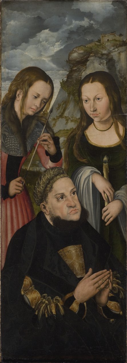 Kurfursten Fredrik den vise av Sachsen (1463-1525) med heliga Ursula (vänster) och Genevieve (höger) av Lucas Cranach d.Æ.