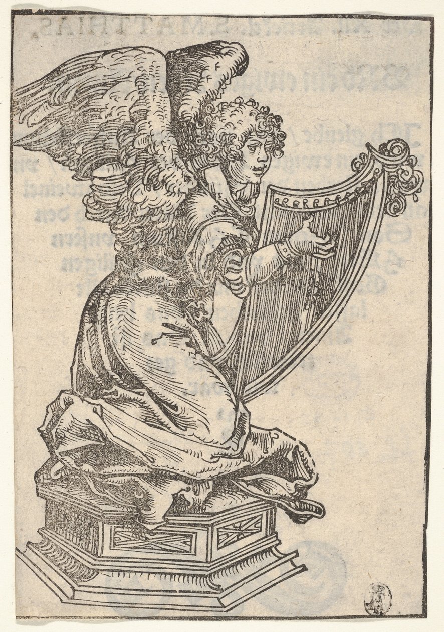 En silverstatyett av en ängel som spelar harpan, från den stora serien av Wittenberg Reliq..., 1509. av Lucas Cranach the Elder