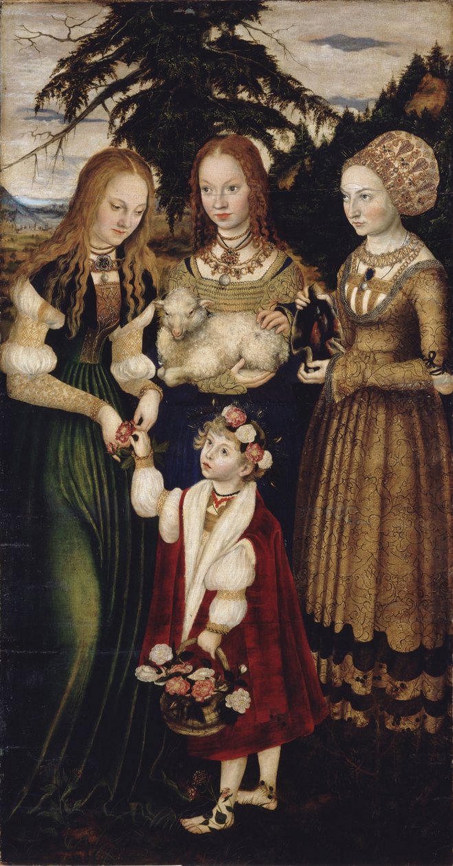 Altartavla med Saint Catharines martyrskap, vänster flygel: De heliga Dorothea, Agnes och Cunigund av Lucas Cranach the Elder