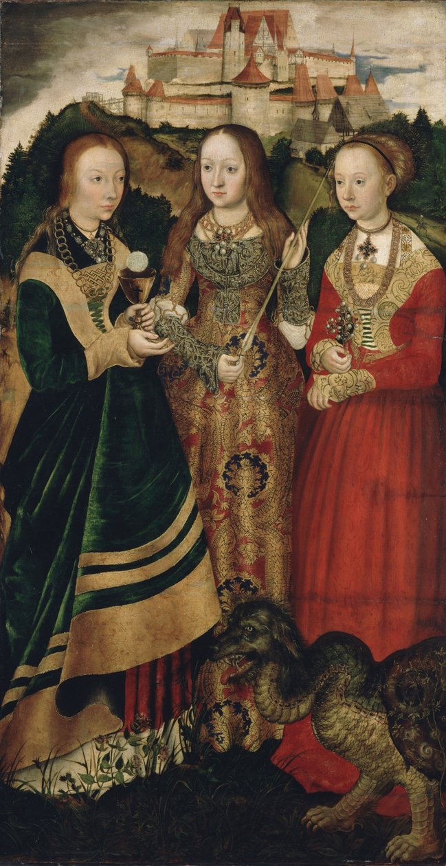 Altartavla med Sankta Catharinas martyrskap, högra flygeln: Sankta Barbara, Ursula och Margareta av Lucas Cranach the Elder