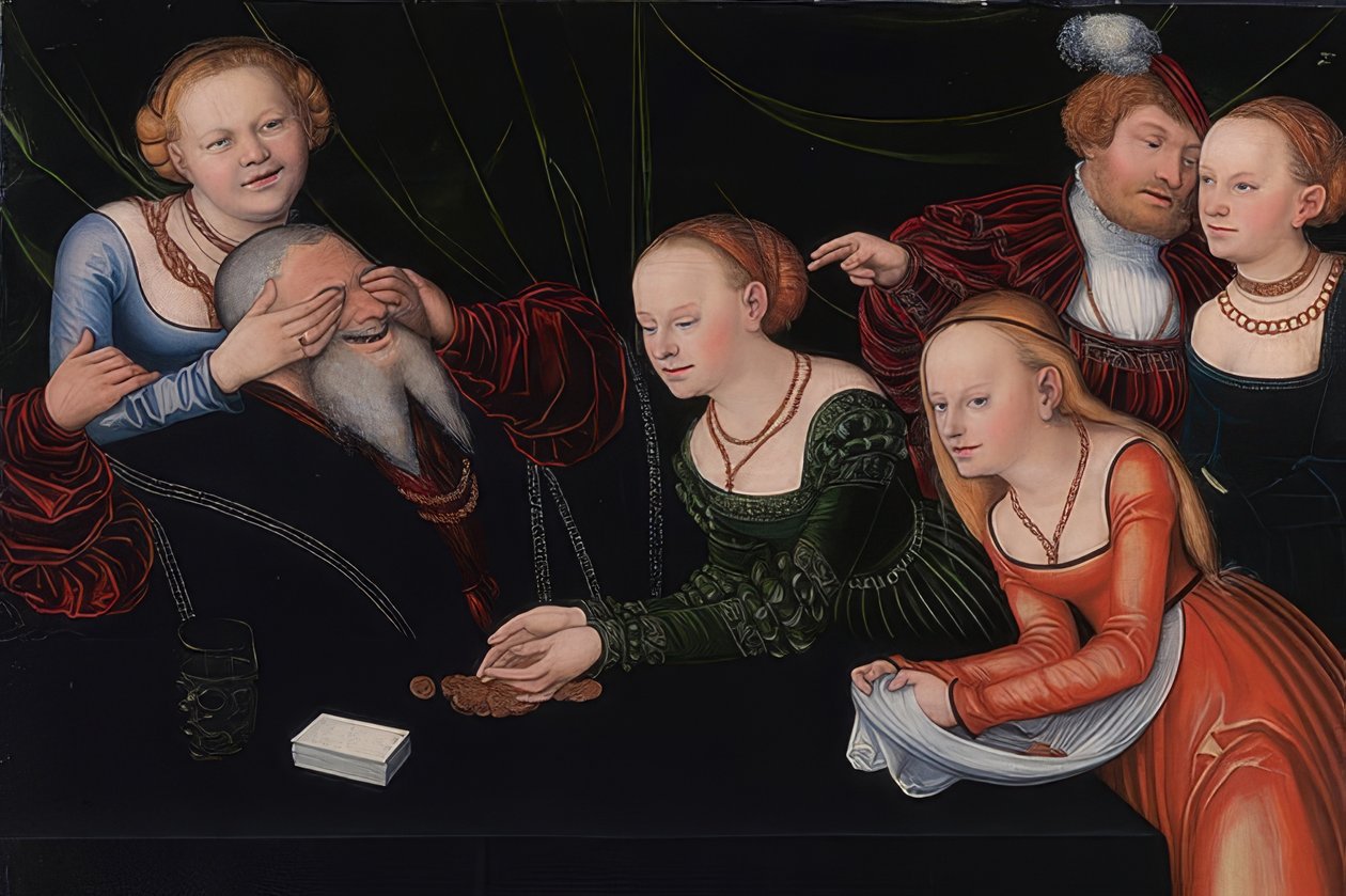 En gammal man förförd av kurtisaner. Omkring 1537 av Lucas Cranach the Elder