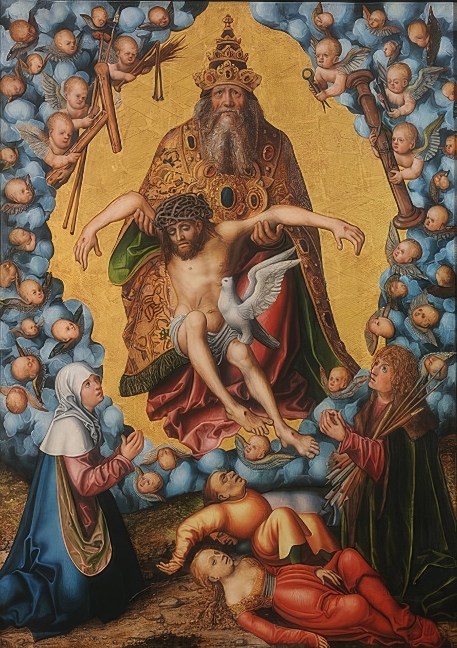 Treenigheten, vördad av Maria och Sebastian. Omkring 1515 av Lucas Cranach the Elder