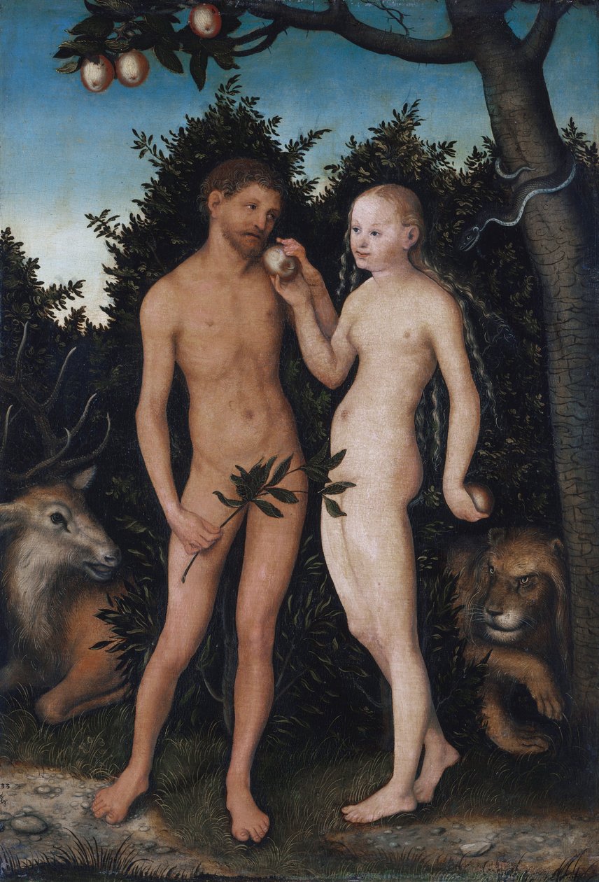 Tyska: Adam und Eva im Paradies (Sündenfall) Adam och Eva i paradiset (syndafallet) av Lucas Cranach the Elder