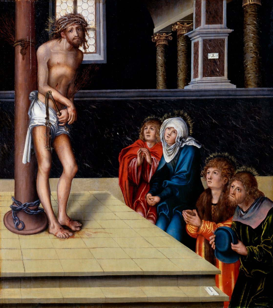 Tyska: Christus als Schmerzensmann an der Geißelsäule Kristus som smärtornas man av Lucas Cranach the Elder
