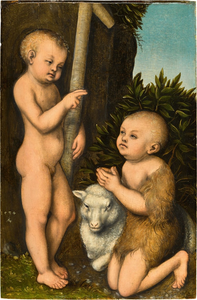 Tyska: Der Christusknabe und der ihn adoring Johannesknabe / Kristus och Johannes Döparen som pojkar Den unge Kristus tillbedd av Johannes Döparen av Lucas Cranach the Elder