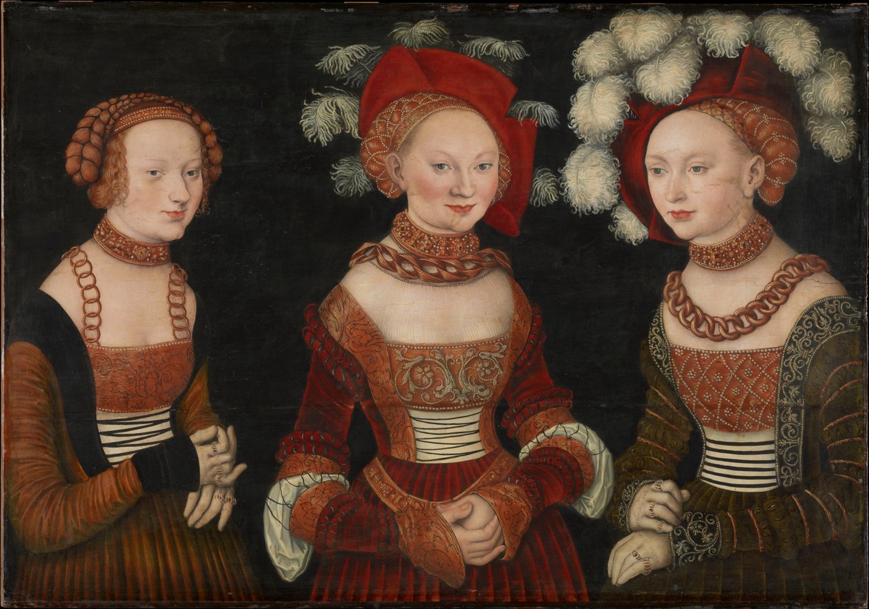 German: Die Prinzessinnen Sibylla (1515-1592), Emilia (1516-1591) und Sidonia (1518-1575) von Sachsen The Princesses Sibylla (1515-1592), Emilia (1516-1591) and Sidonia (1518-1575) of Saxony av Lucas Cranach the Elder