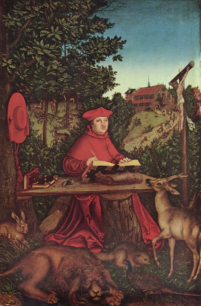 Tyska: Kardinal Albrecht von Brandenburg (1490-1545) som Heiliger Hieronymus Kardinal Albrecht av Brandenburg (1490-1545) som Saint Jerome av Lucas Cranach the Elder