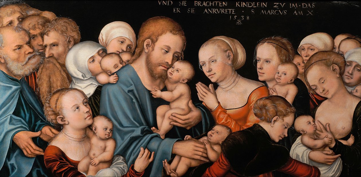 Tyska: Lasset die Kindlein zu mir kommen (Christus segnet die Kinder) Låt de små barnen komma till mig (Kristus välsignar barnen) av Lucas Cranach the Elder