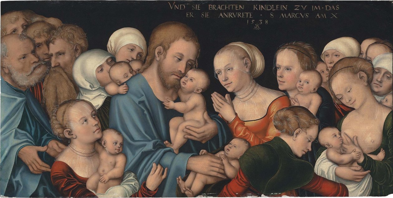 Tyska: Lasset die Kindlein zu mir kommen (Christus segnet die Kinder) Låt de små barnen komma till mig (Kristus välsignar barnen) av Lucas Cranach the Elder