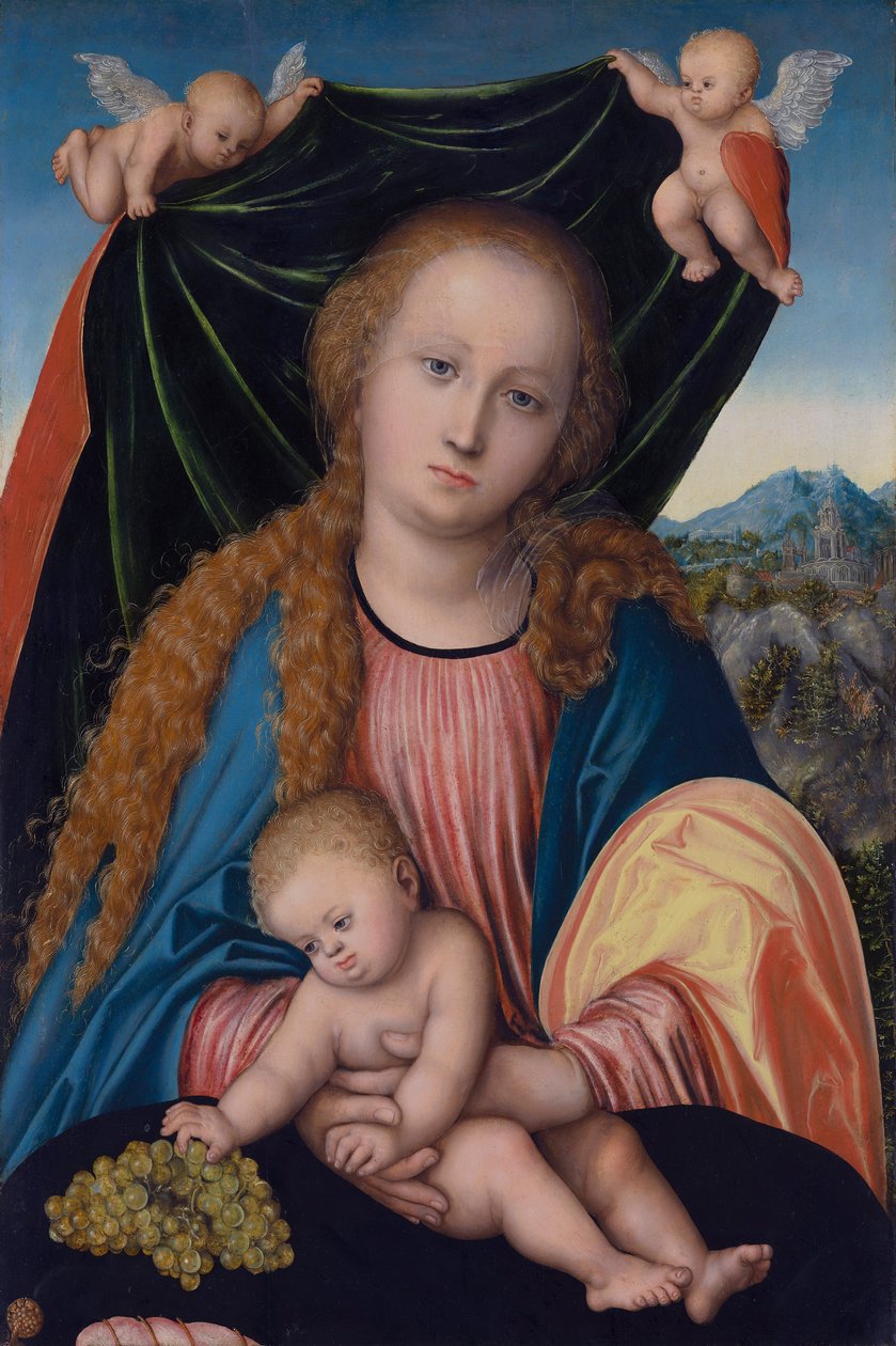 Tyska: Madonna med barn och druvor, Två änglar håller en gardin Jungfru med barn av Lucas Cranach the Elder