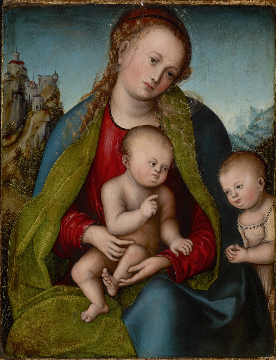 Tyska: Maria mit dem Kinde und dem anbetenden Johannesknaben Jungfru och barn tillbedda av Johannes Döparen som pojke av Lucas Cranach the Elder
