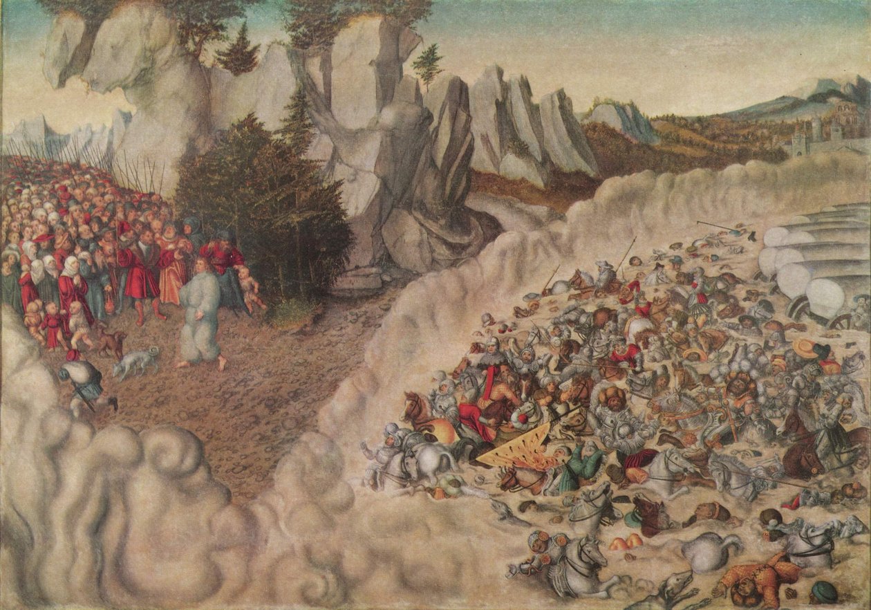 Tyska: Zug der Israeliten durch das Rote Meer (Untergang des Pharao) Faraoens härskaror uppslukade av Röda havet av Lucas Cranach the Elder