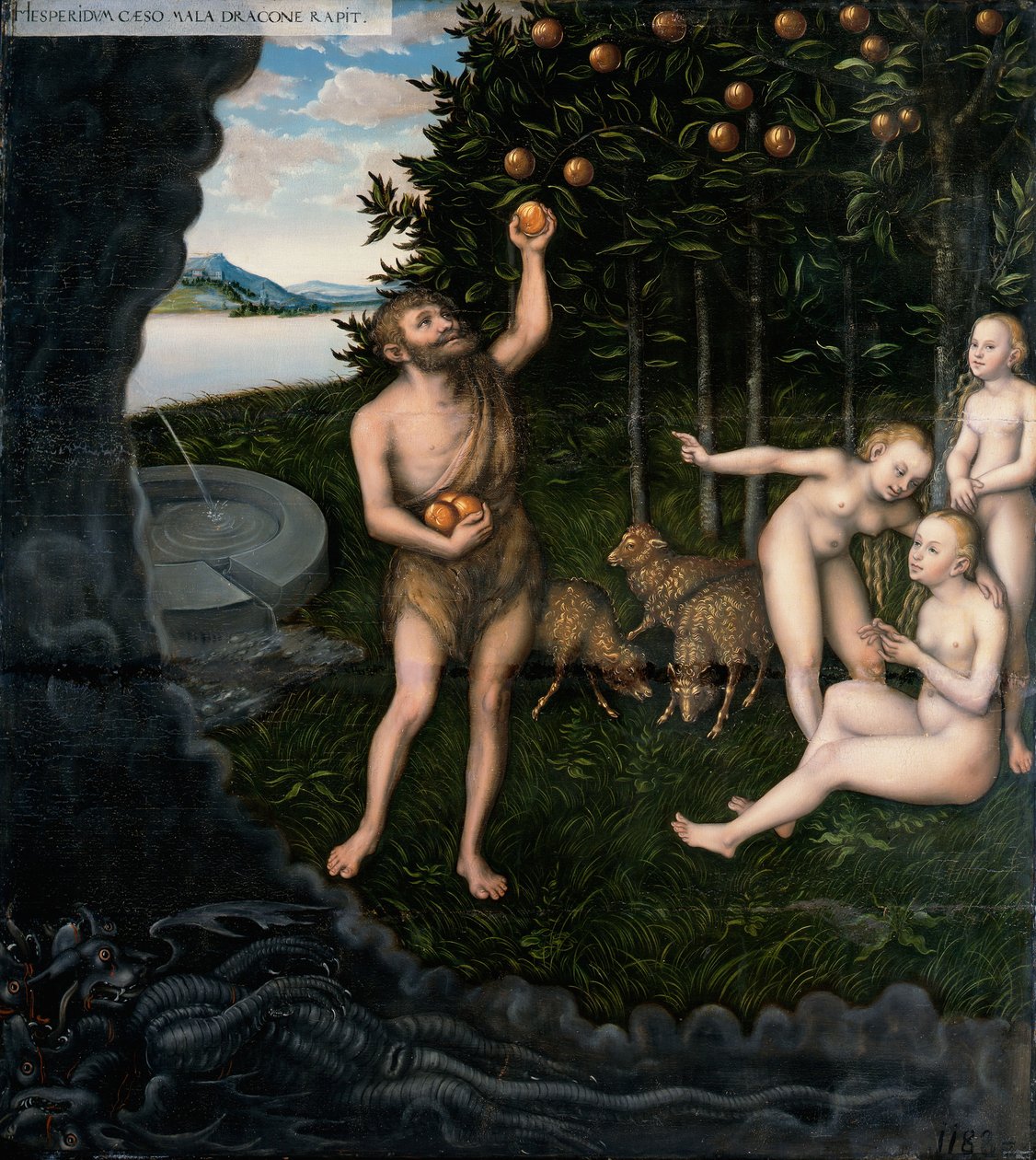 Hercules stjäl äpplen från Hesperides från The Labors of Hercules av Lucas Cranach the Elder