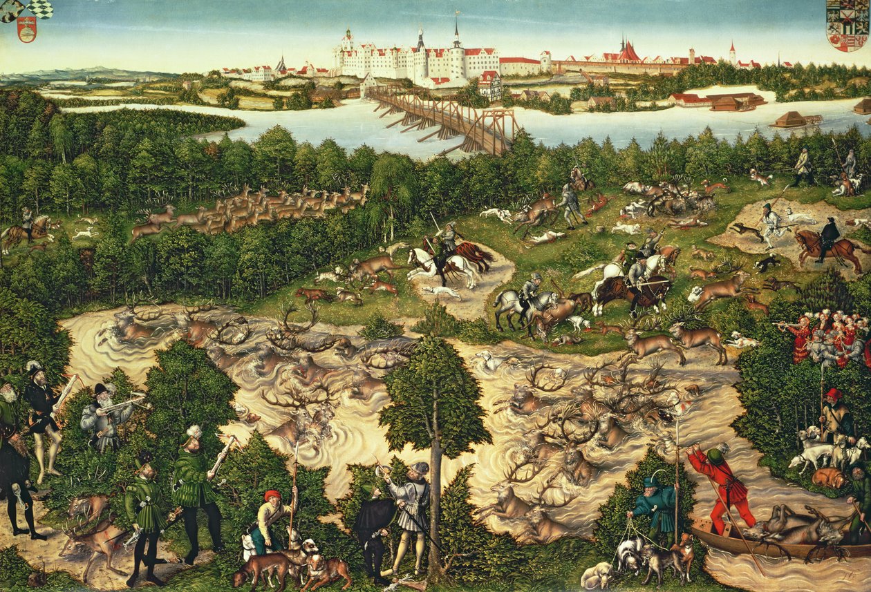 Jagt til ære for kejser Charles V nær Hartenfels Slot, Torgau, 1544 (se også 498131, 38682 og 498129) swed av Lucas Cranach the Elder