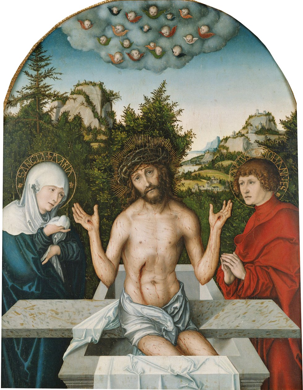 Pfirtscher Altartavla: Kristus som smärtornas man, sittande på en sarkofag mellan Jungfru Maria och Johannes [mittparti] av Lucas Cranach the Elder
