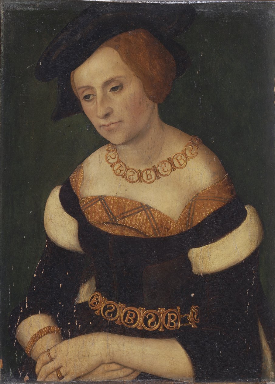 Porträtt av Barbara Zapolya (1495-1515), drottning av Polen, med halsband och bälte med Bamp;S (Barbara et Sigismundus) monogram av Lucas Cranach the Elder