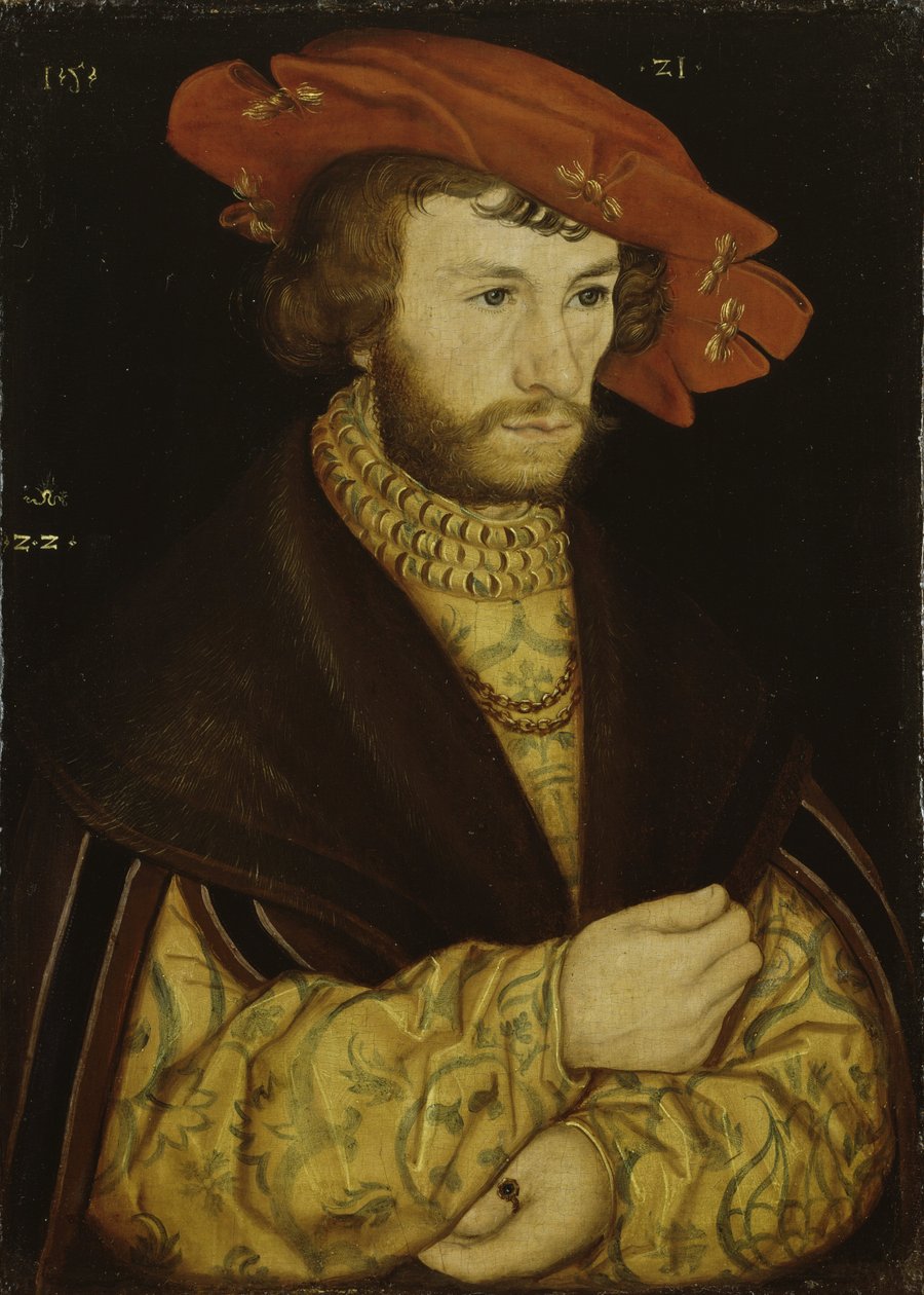 Porträtt av en ung man med skägg och röd basker av Lucas Cranach the Elder