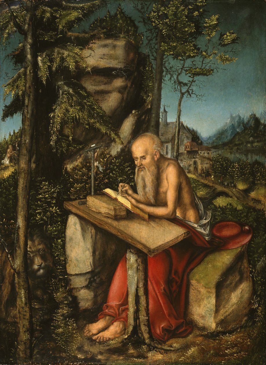 Saint Jerome i ett stenigt landskap av Lucas Cranach the Elder