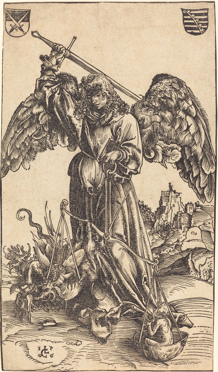Ärkeängeln Michael väger en själ av Lucas Cranach the Elder