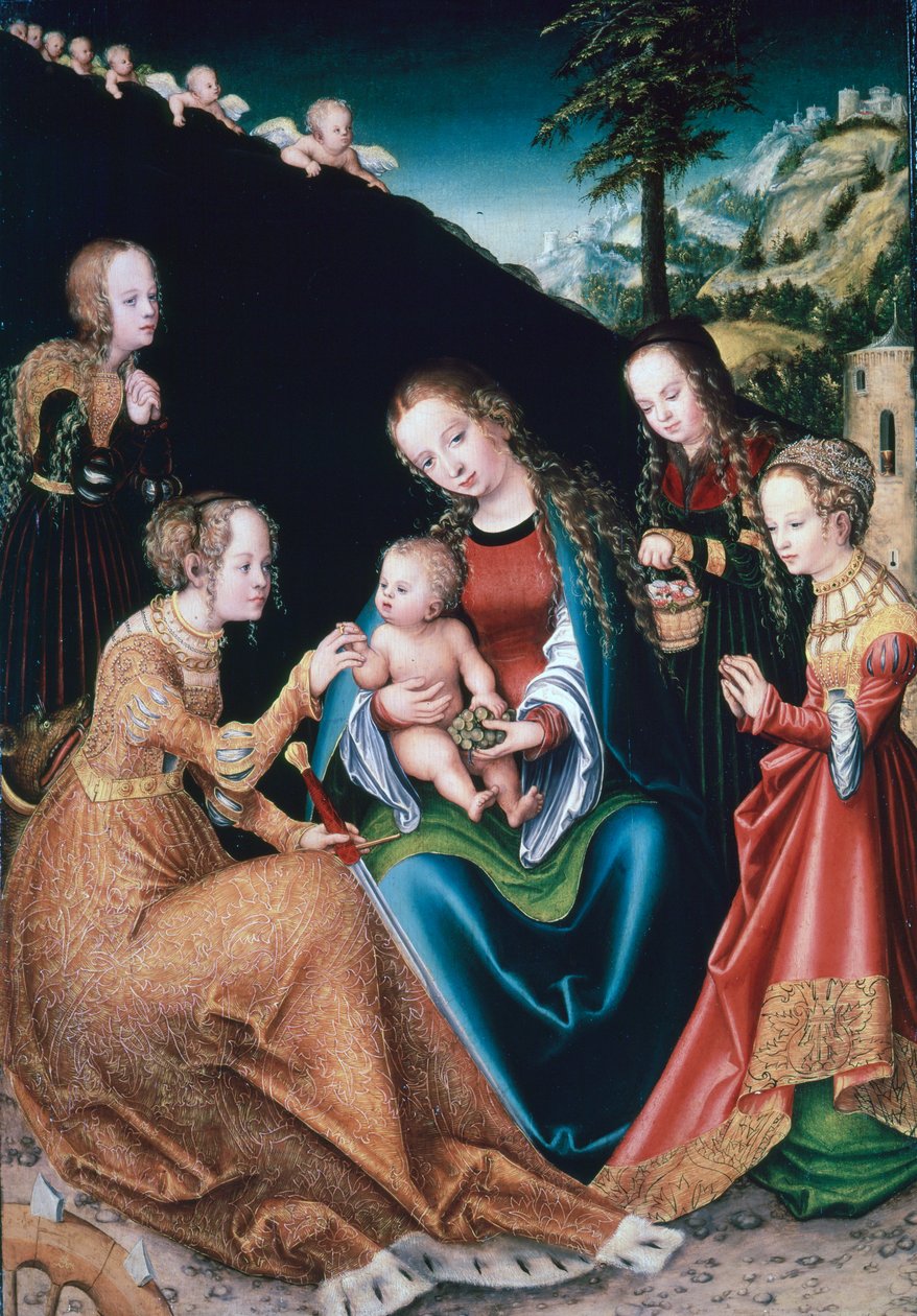 Den heliga Katarinas mystiska äktenskap, 1516-1518 av Lucas Cranach the Elder