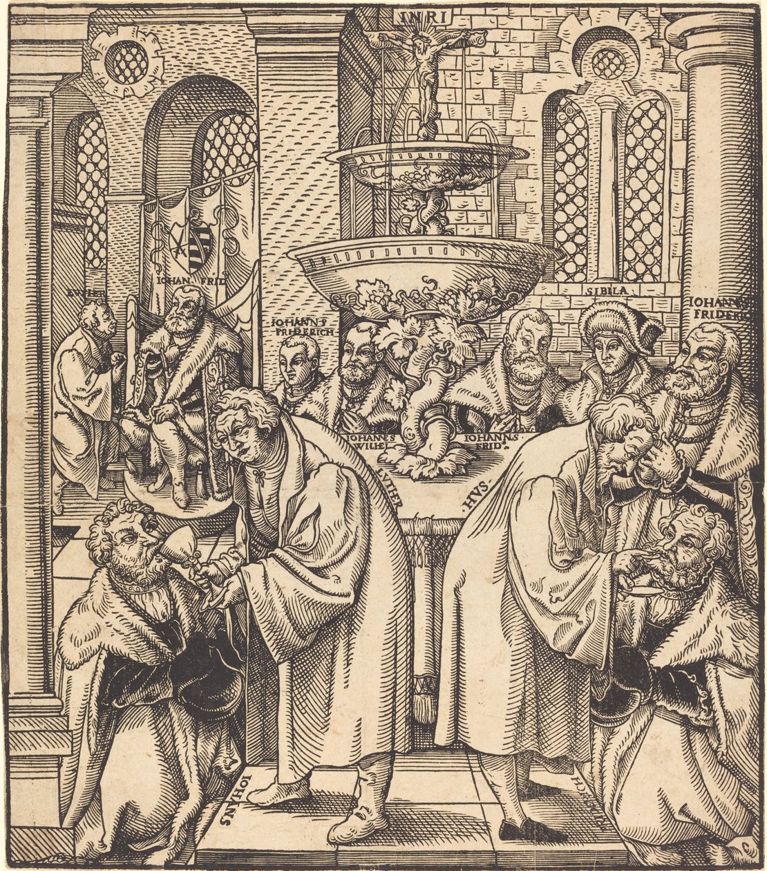 Reformatorerna Luther och Hus ger nattvard till prinsarna av huset i Sachsen av Lucas Cranach the Elder