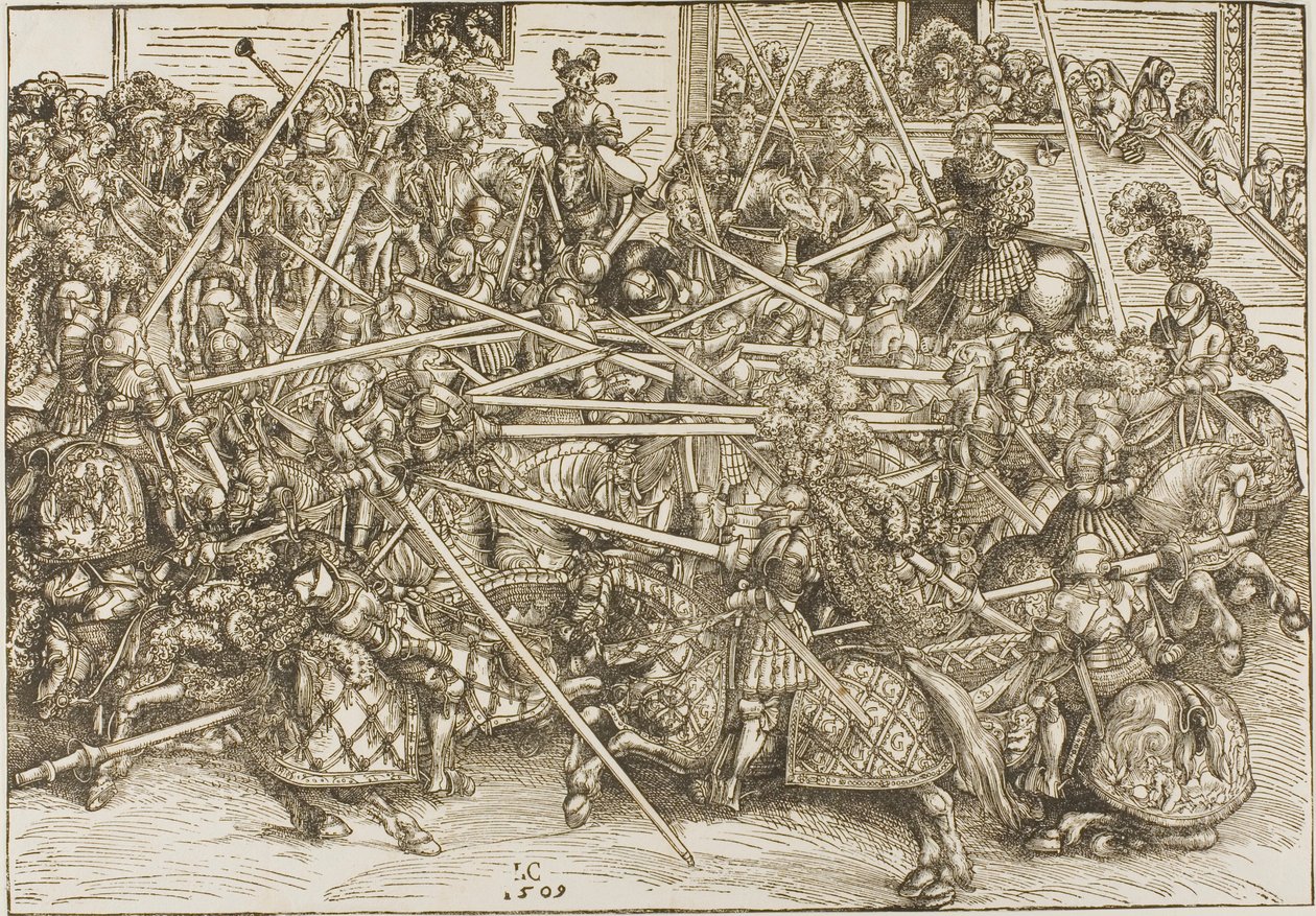 Den tredje turneringen, med riddare som bryter lansar av Lucas Cranach the Elder