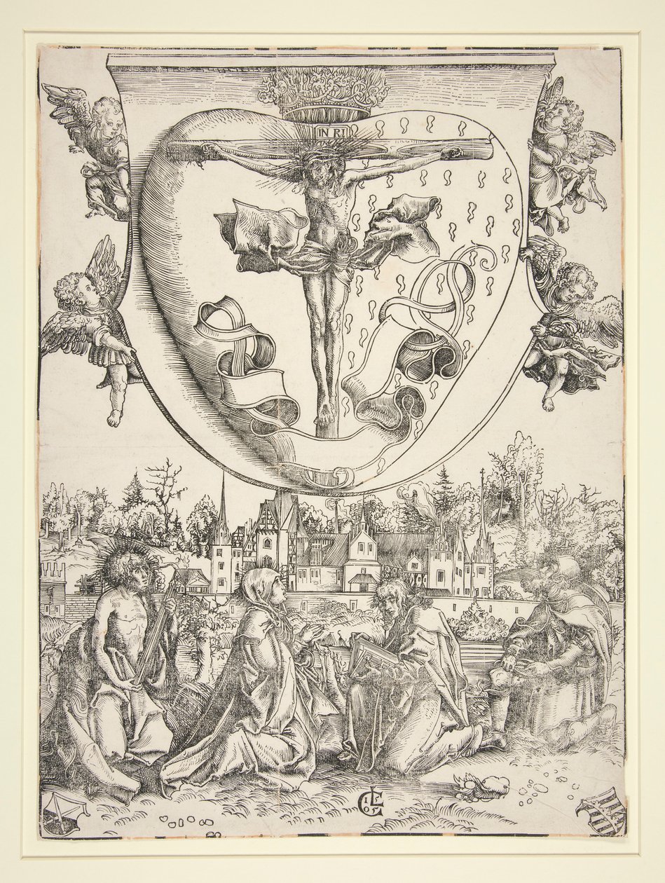 Jungfrun, Saint John, Saint Lawrence och Saint Roch med det heliga hjärtats armar av Lucas Cranach the Elder
