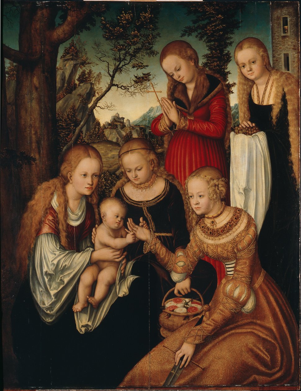 Jungfrun och barnet med de heliga Catherine, Dorothy, Margaret och Barbara så kallade Marriage of St av Lucas Cranach the Elder
