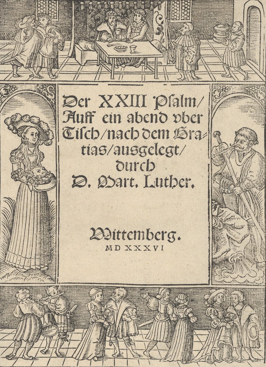 Titel-gräns med berättelsen om Salome och Johannes Döparen. av Lucas Cranach the Elder